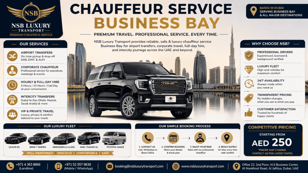 Premium chauffeur service Business Bay luxury fleet featuring GMC Yukon XL, BMW 7 Series, Mercedes S-Class, Lexus ES, and Mercedes V-Class by NSB Luxury Transport