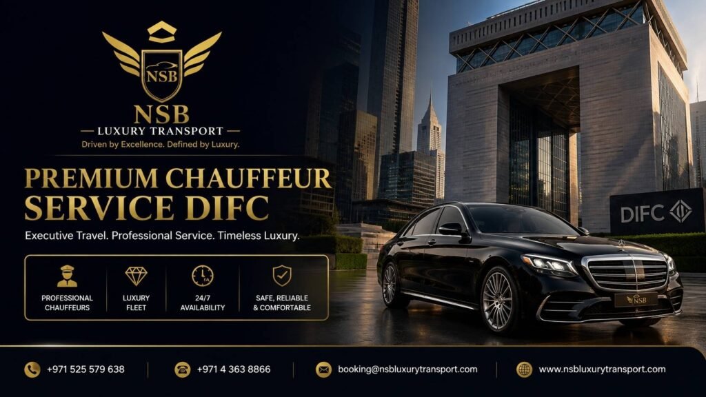 Premium chauffeur service DIFC Dubai luxury Mercedes executive car by NSB Luxury Transport
