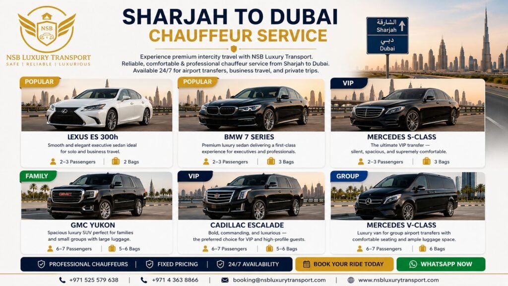 Sharjah to Dubai chauffeur service luxury fleet by NSB Luxury Transport including sedan SUV and VIP cars