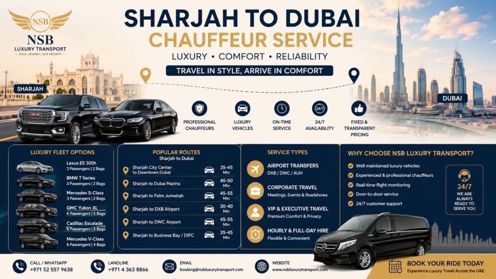 Sharjah to Dubai chauffeur service infographic showing luxury fleet, pricing, routes, and airport transfer options by NSB Luxury Transport