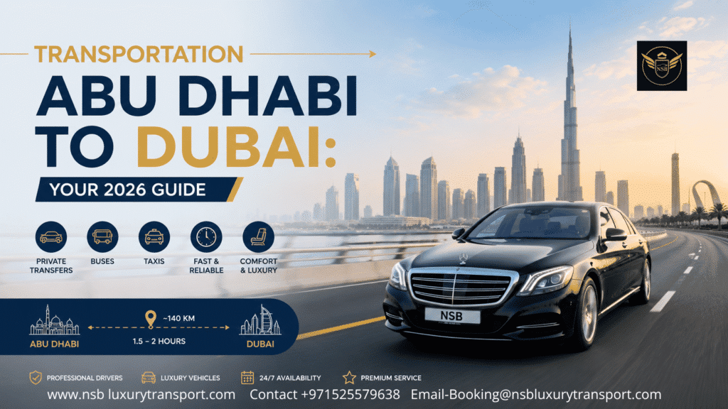 Transportation Abu Dhabi to Dubai luxury chauffeur service with premium Mercedes sedan driving on Sheikh Zayed Road towards Dubai skyline in 2026