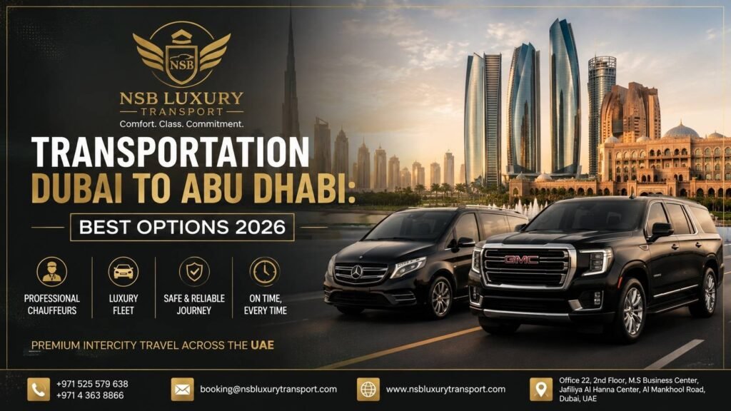 Luxury transportation Dubai to Abu Dhabi with GMC Yukon and Mercedes V-Class by NSB Luxury Transport