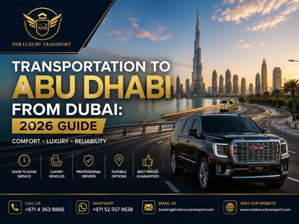 Luxury GMC Yukon chauffeur service for transportation to Abu Dhabi from Dubai with Dubai skyline background