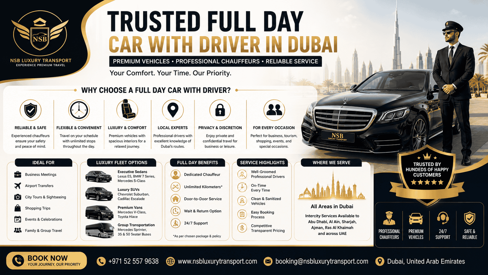 Trusted full day car with driver in Dubai infographic showing luxury chauffeur services, professional drivers, premium vehicles, airport transfers, city tours, business travel, family transportation, and UAE-wide chauffeur coverage by NSB Luxury Transport