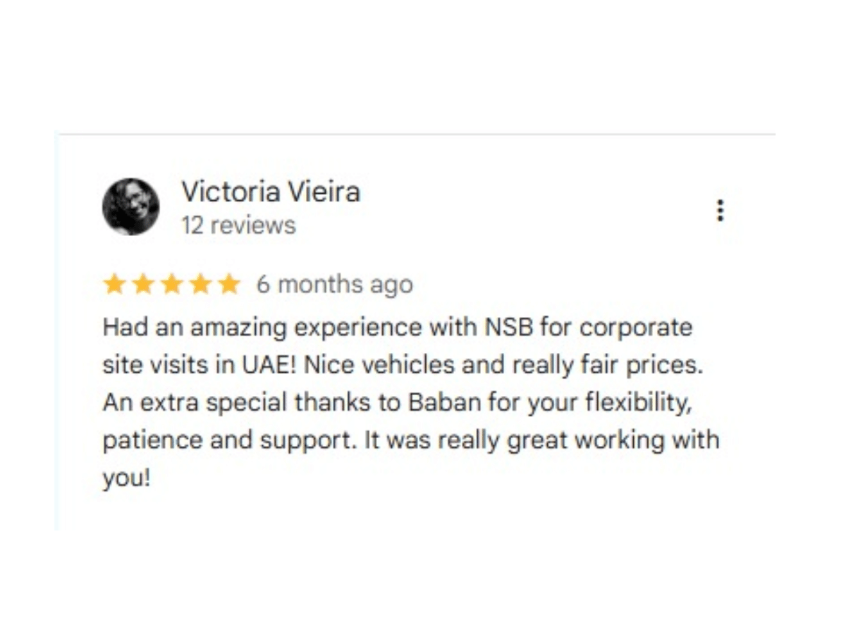 Customer reviews highlighting professional chauffeur service and luxury airport transfers in Dubai.