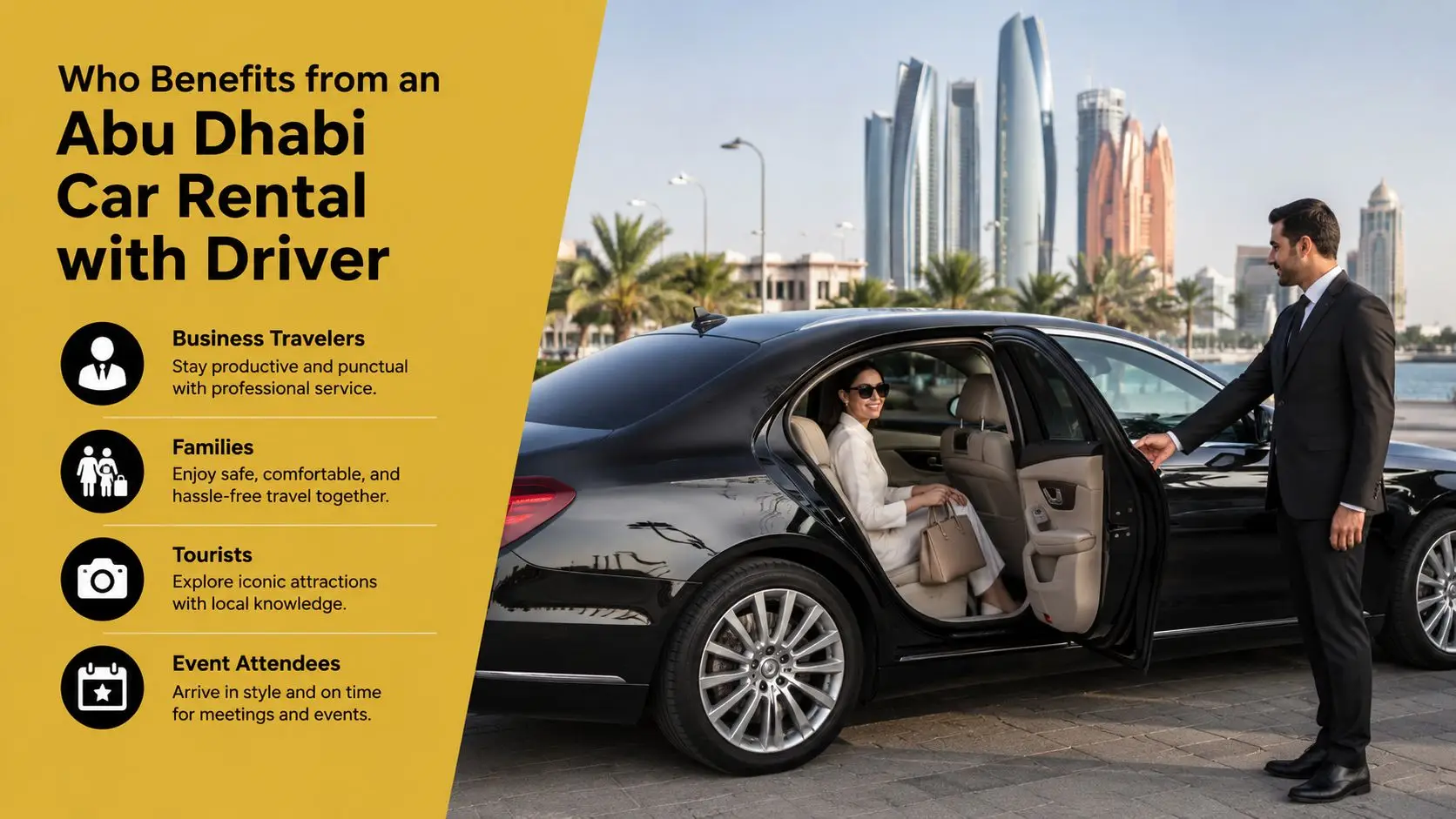 A professional chauffeur opens the car door for a passenger in Abu Dhabi with city skyline background.
