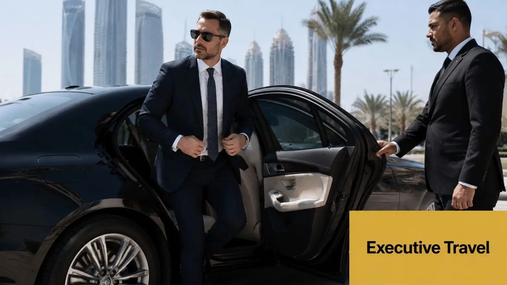 A professional chauffeur opens the car door for a businessman stepping out in a modern city.