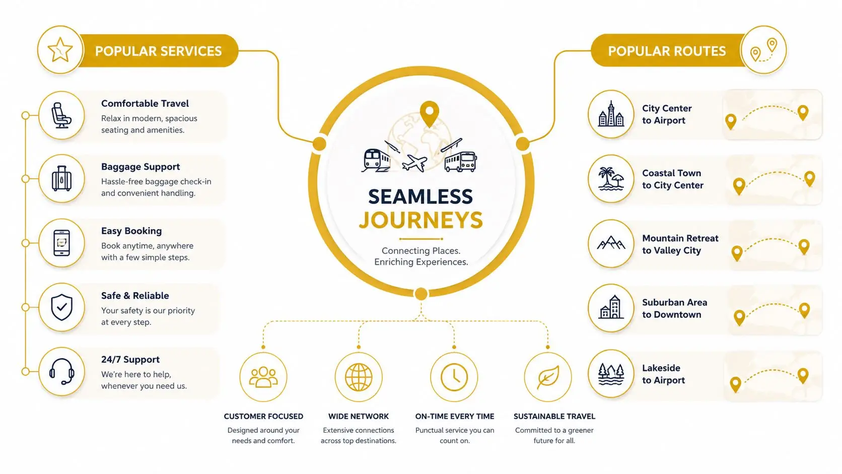 An infographic titled Seamless Journeys showing popular travel services and routes with icons and descriptions.