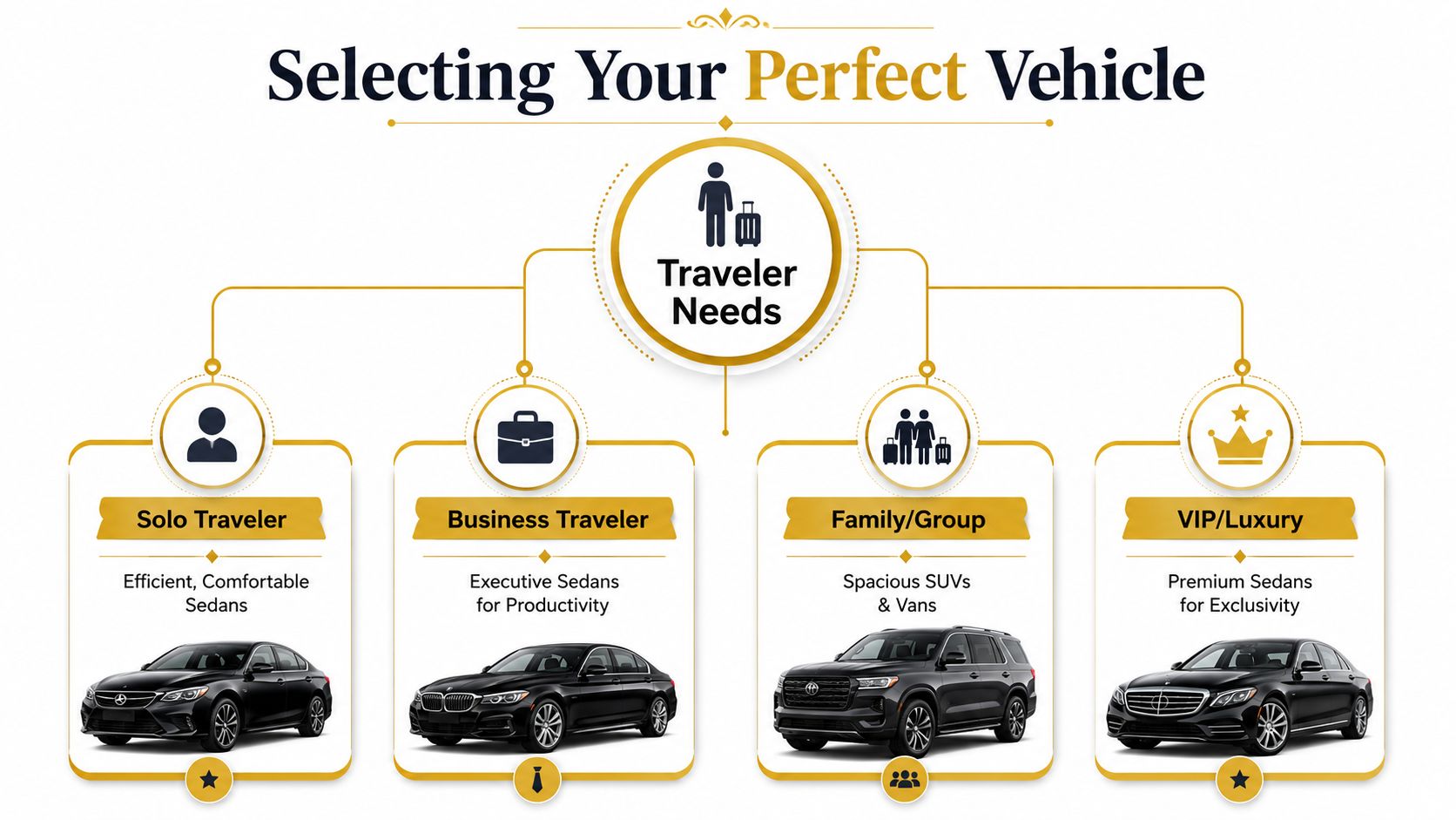 A chart showing different vehicle options for airport transfers based on specific traveler needs and group sizes.