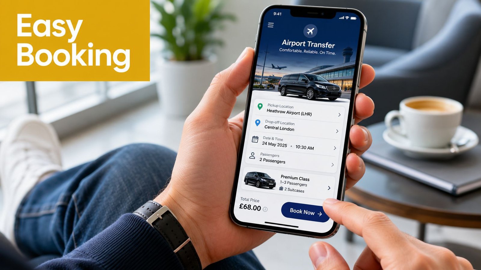 A person using a smartphone app to book a premium airport transfer taxi service in London.