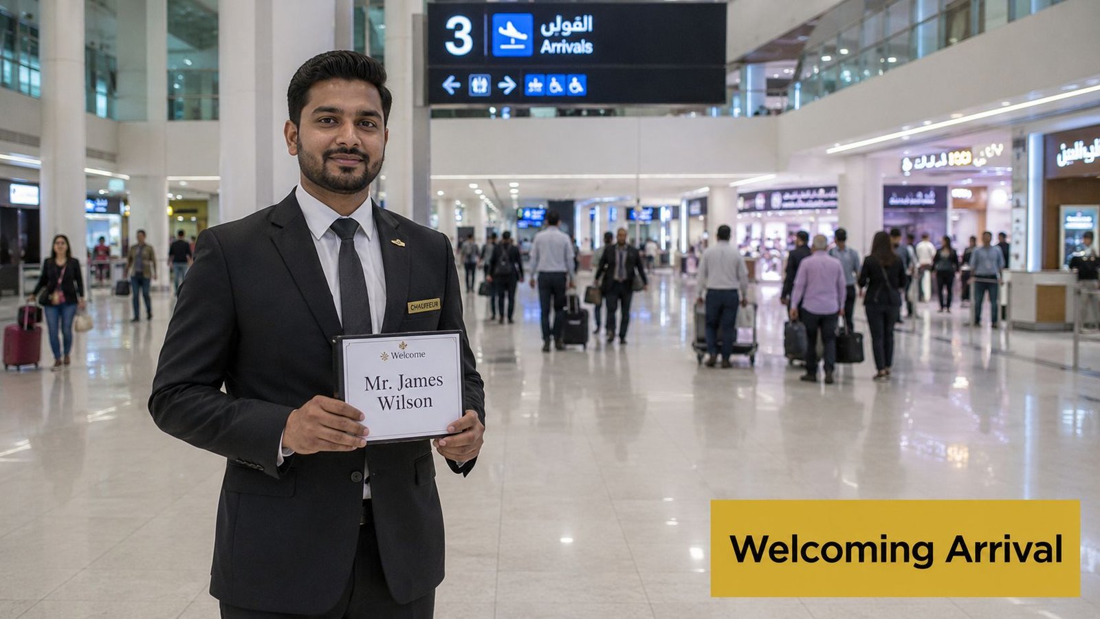A professional chauffeur wearing a suit holds a name sign for Mr. James Wilson at an airport terminal.