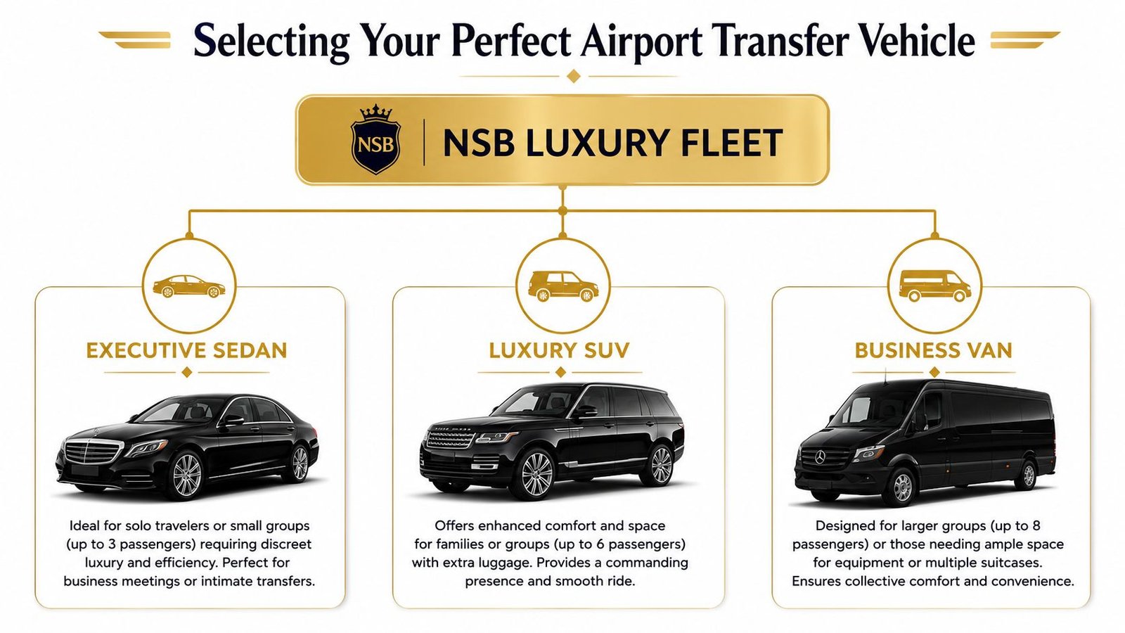 A luxury fleet guide for airport transfers featuring executive sedans, luxury SUVs, and spacious business vans.
