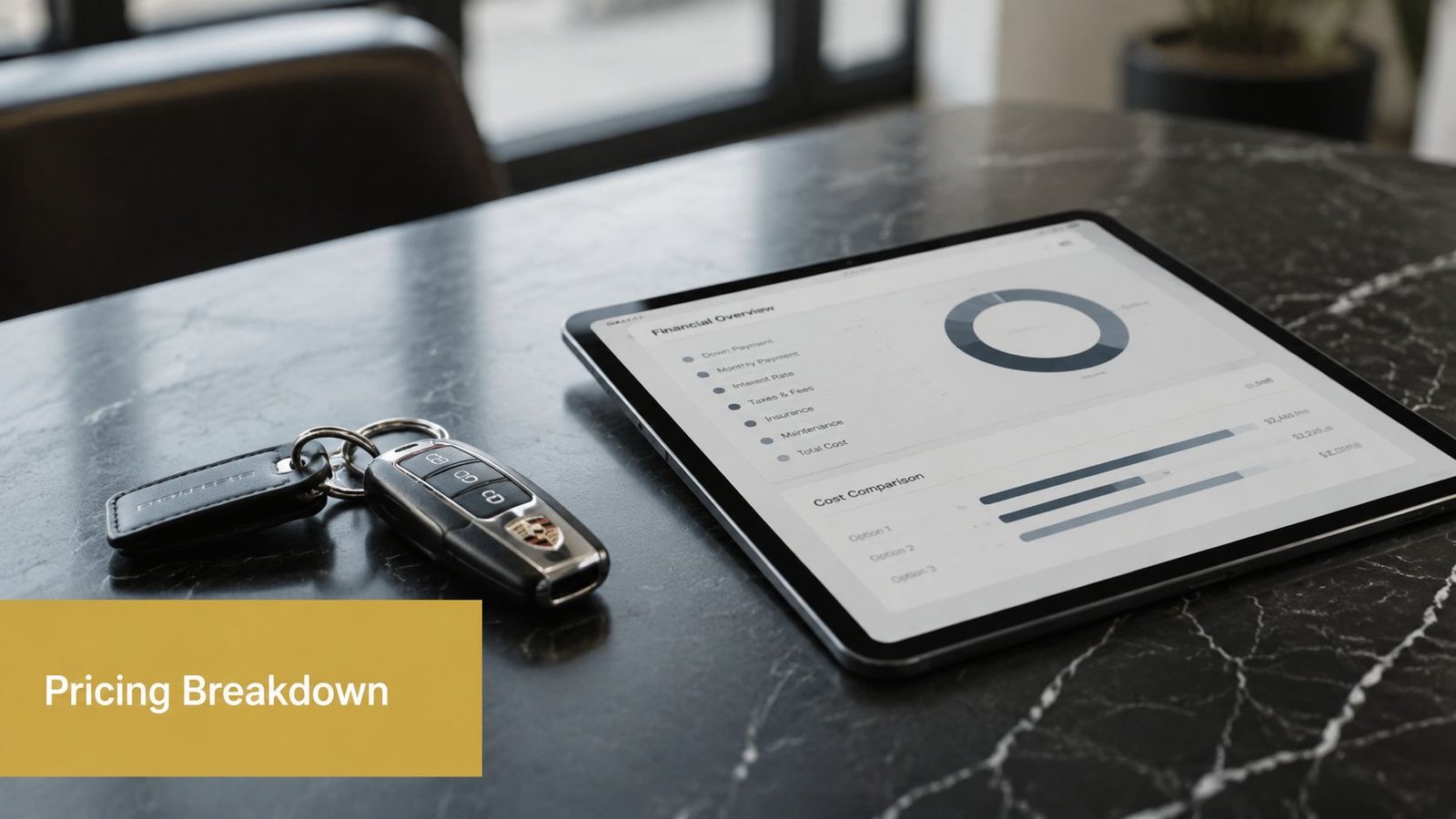A car key fob and a digital tablet displaying financial data regarding vehicle rental costs.