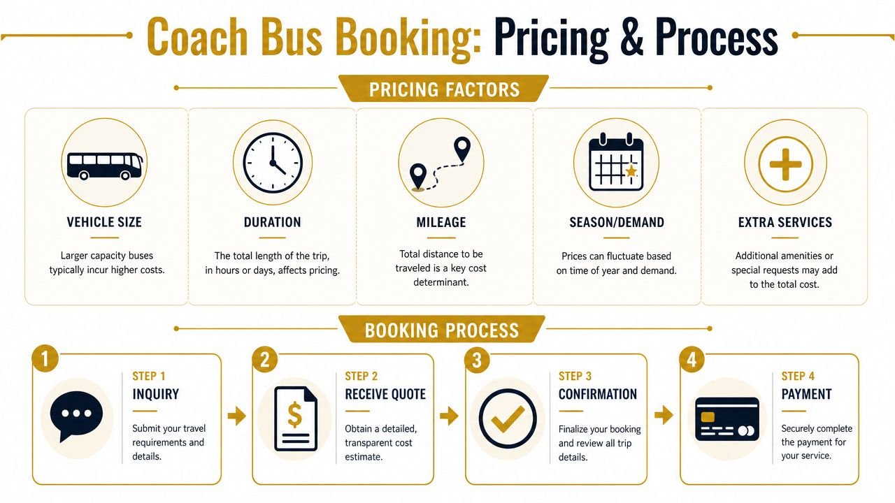 An infographic detailing the pricing factors and the four-step booking process for coach bus rental services.