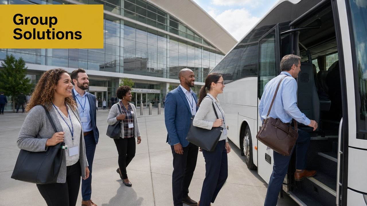 A diverse group of professionals boarding a modern coach bus for a business trip.