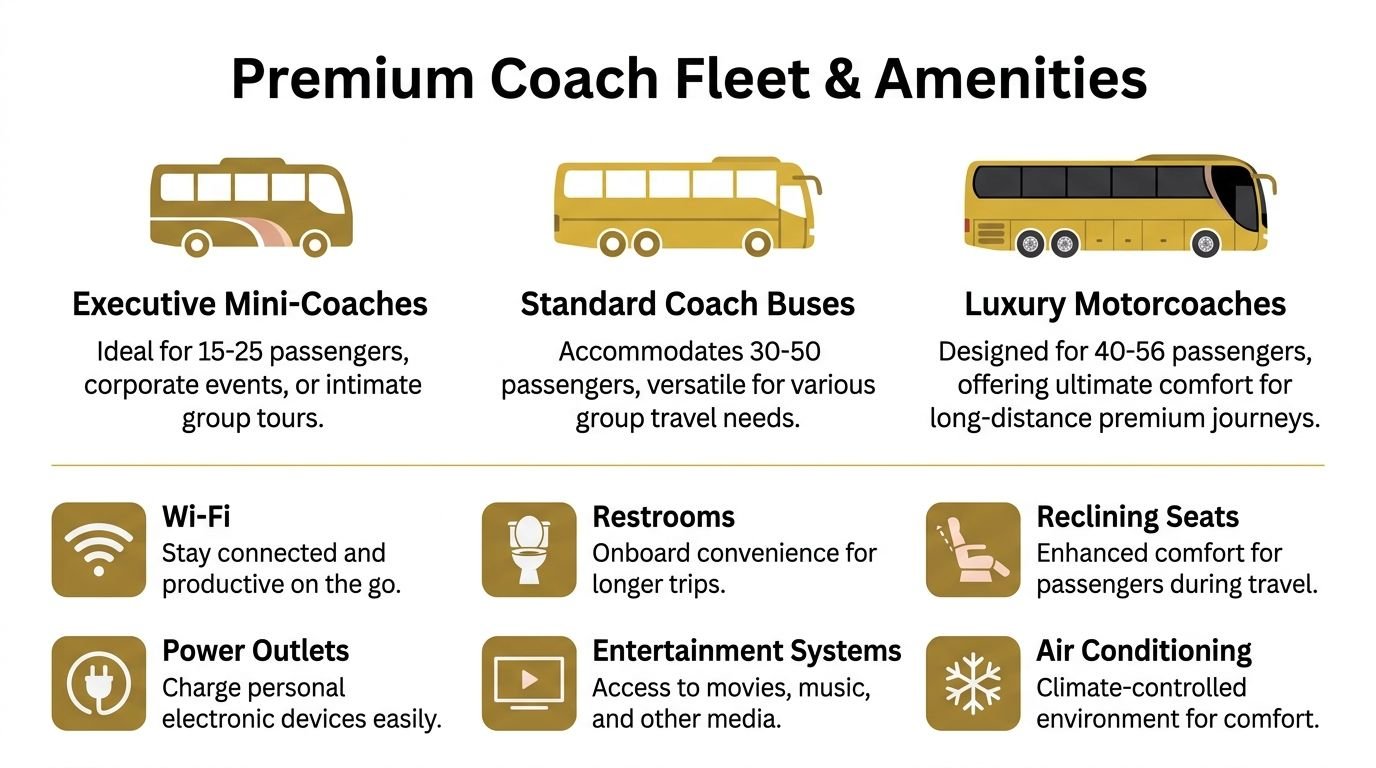 A chart showing various bus fleet types and premium amenities offered for comfortable group travel and transportation services.