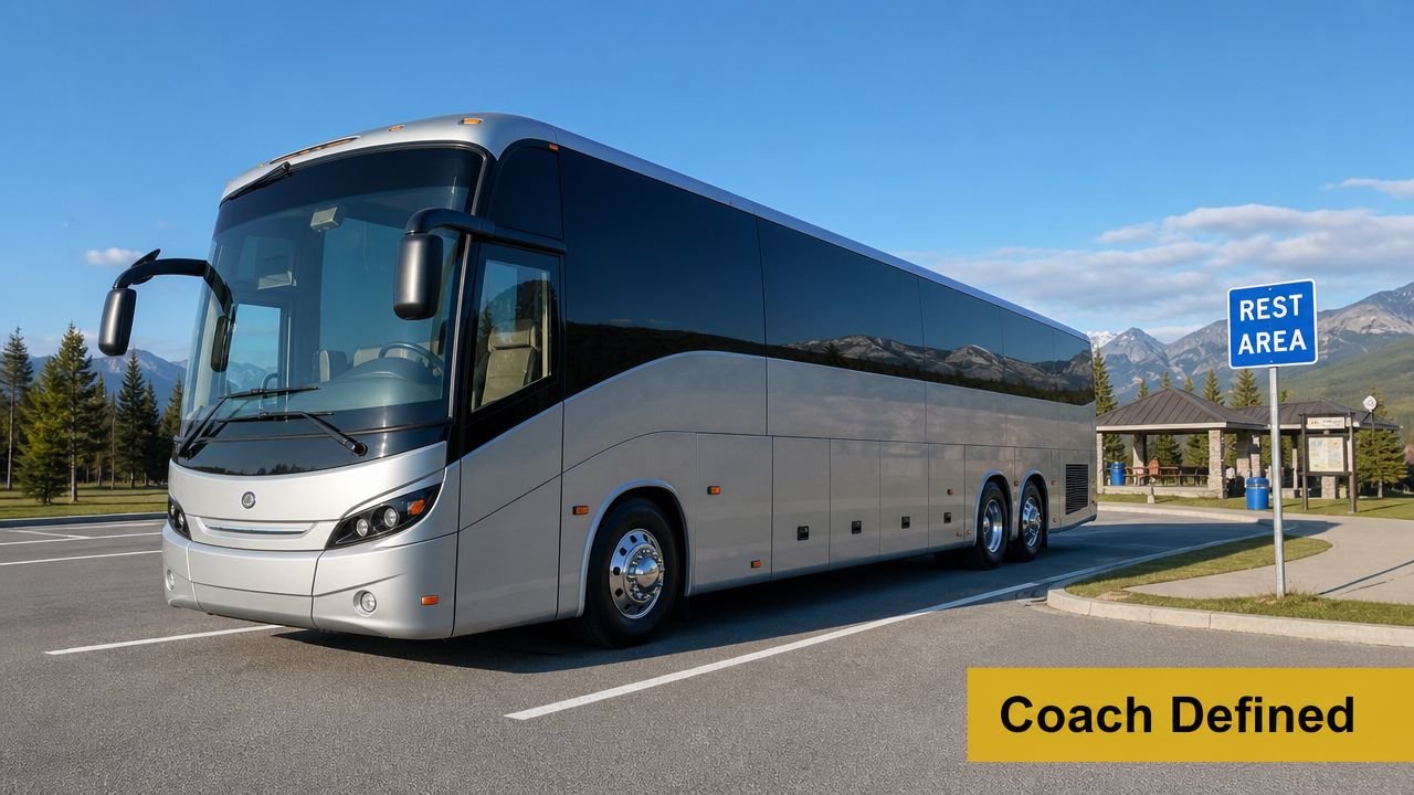 A modern silver coach bus parked in a scenic mountain rest area on a bright sunny day.