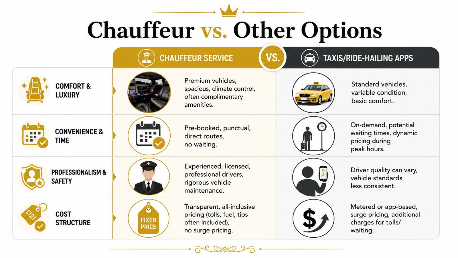 A comparison chart outlining the key differences between chauffeur services and taxis or ride-hailing apps.