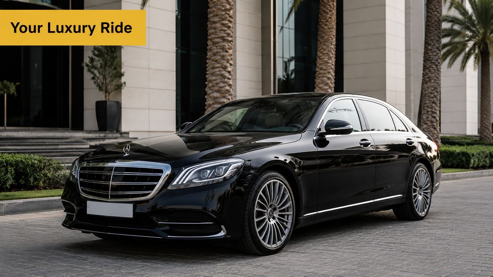 A luxurious black Mercedes-Benz sedan parked in front of a modern high-end building with palm trees.