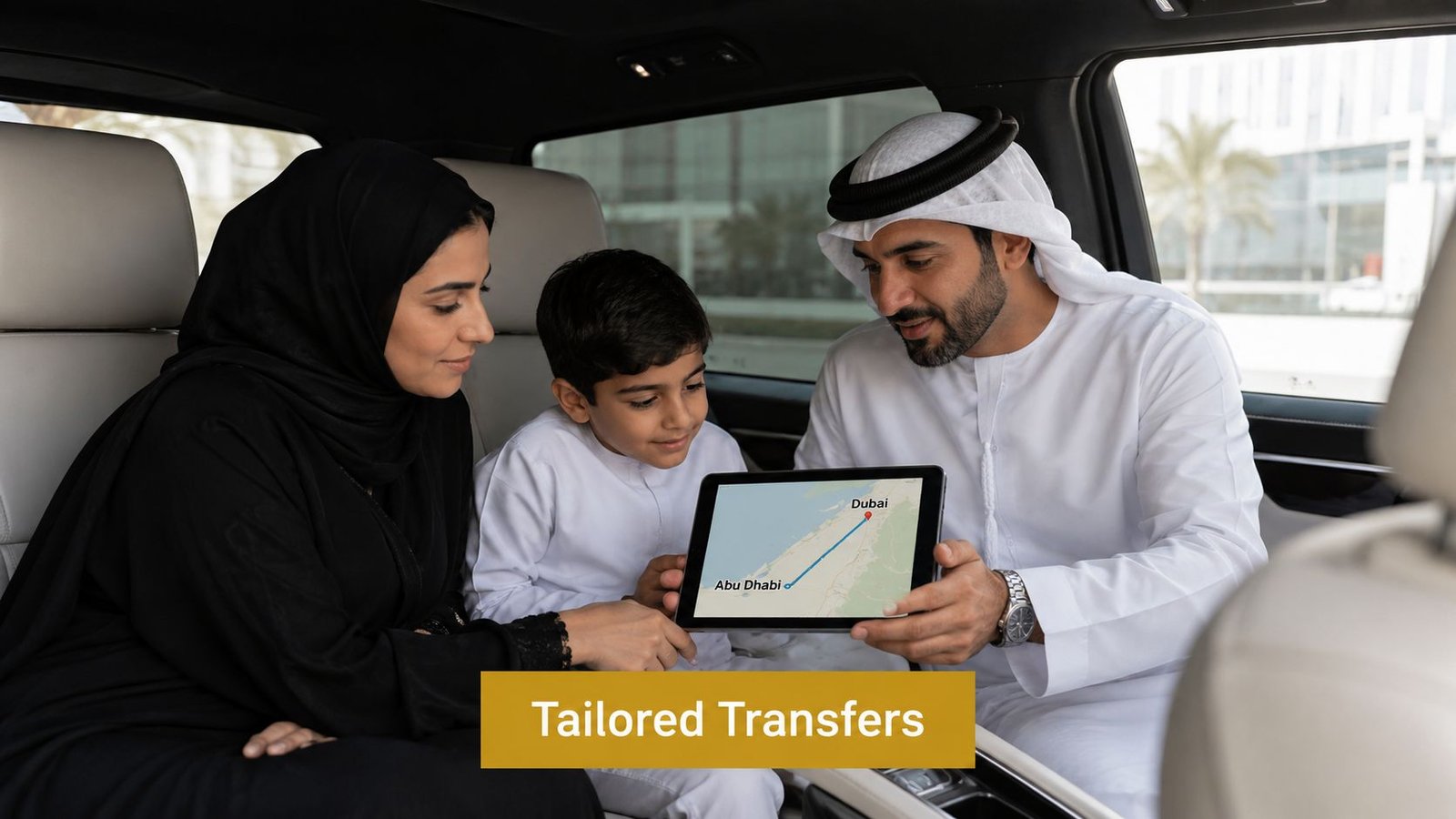 An Emirati family sitting in a car looking at a tablet showing a map route between cities.