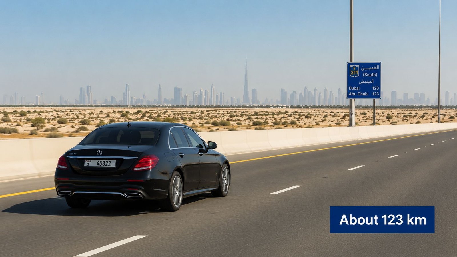 A black Mercedes sedan driving on a highway towards the Dubai skyline with a road sign indicating distances.