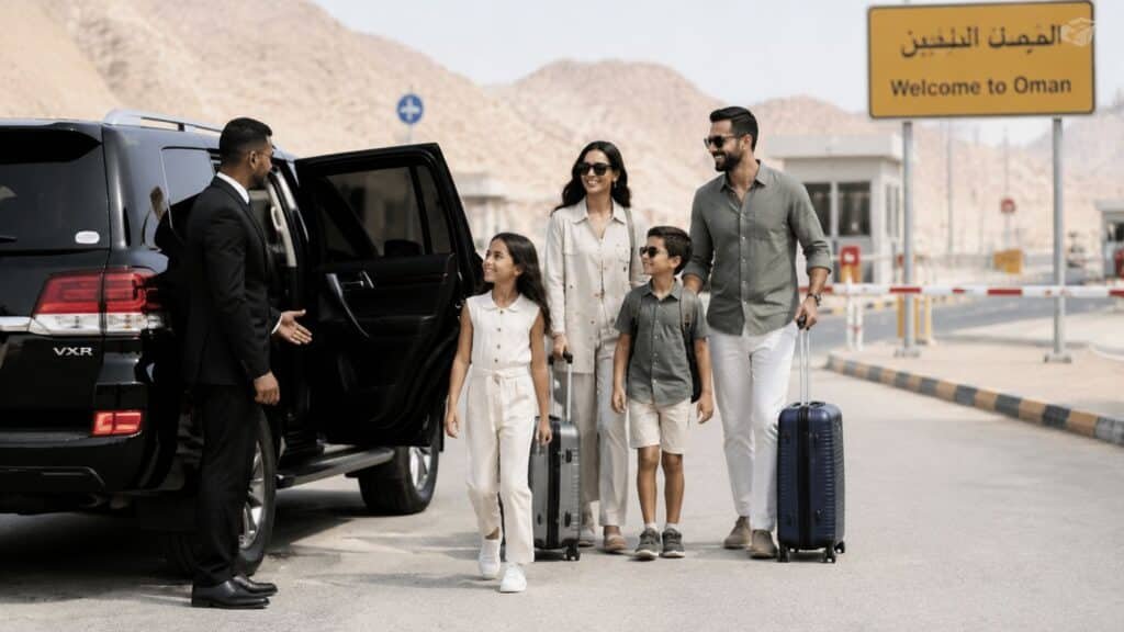 Family traveling from Dubai to Oman in a luxury private chauffeur vehicle with scenic mountain and coastal views in Oman