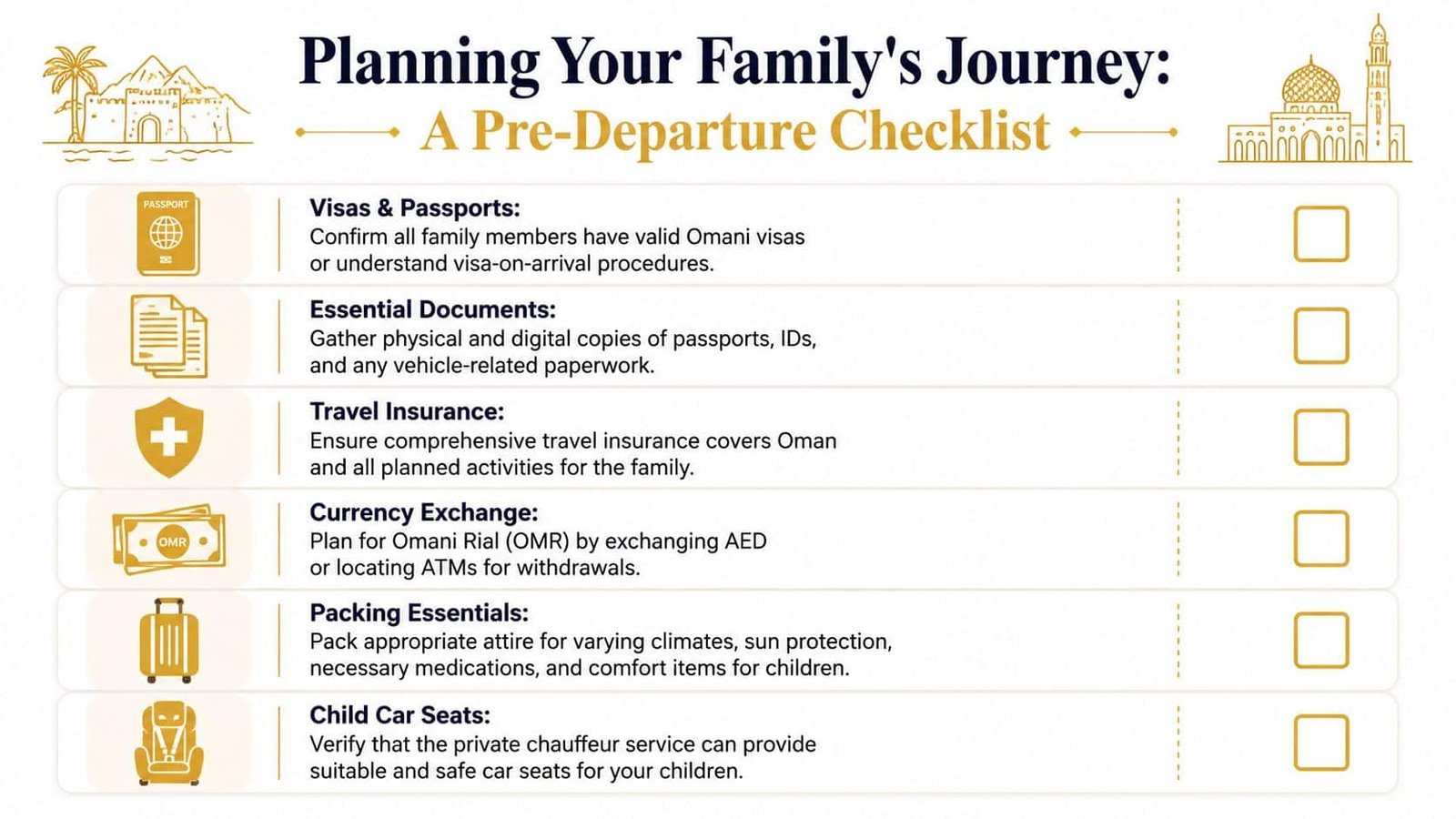A pre-departure checklist for family travel from Dubai to Oman by private chauffeur including essential items.