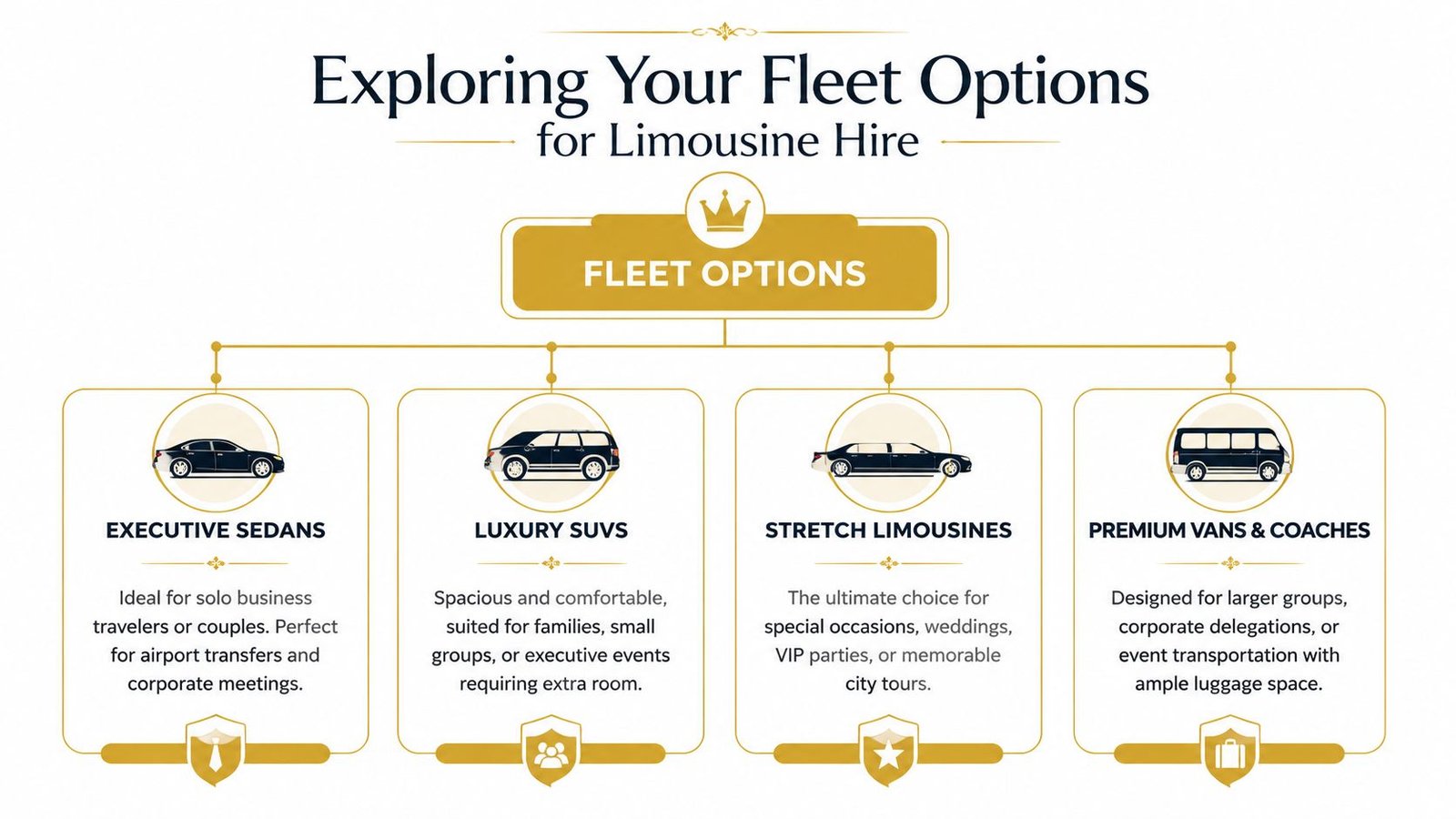 An infographic showcasing various fleet options for limousine hire services including sedans, SUVs, stretch limos, and coaches.
