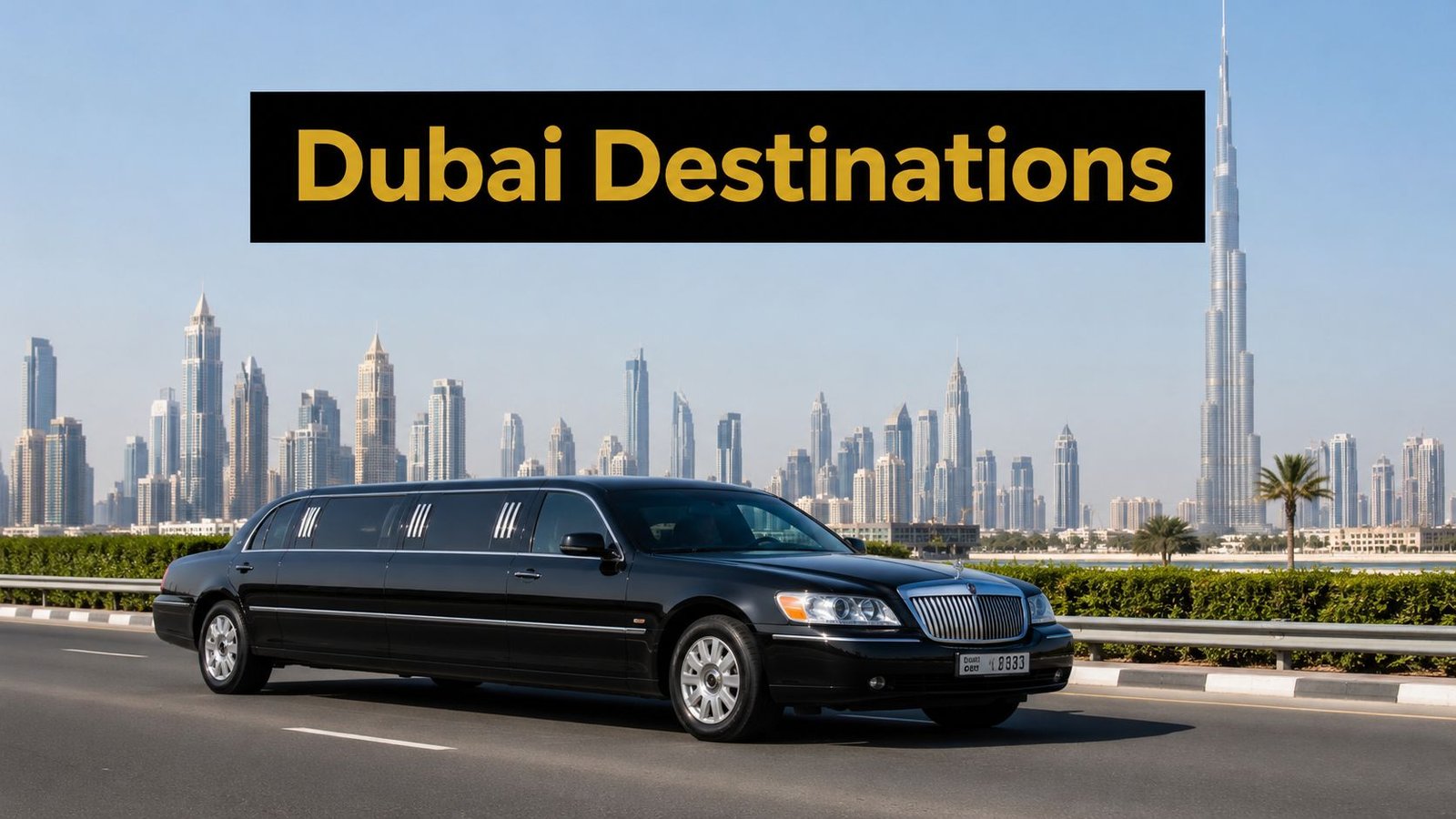 A sleek black luxury limousine driving on a highway with the iconic Dubai skyline in the background.