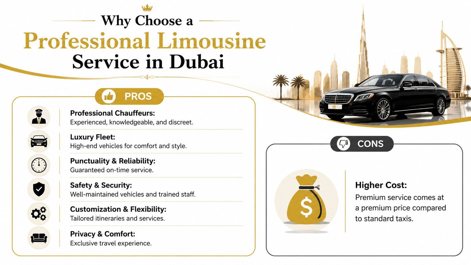 An infographic comparing the pros and cons of hiring a professional limousine service in Dubai, UAE.