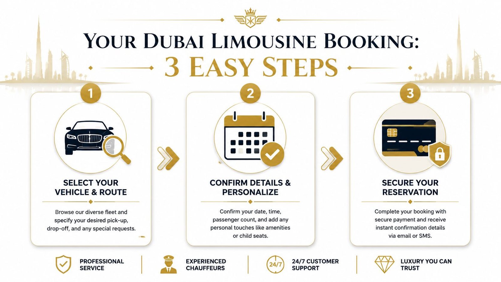 A three-step guide infographic explaining how to book a limousine service in Dubai for your transportation needs.