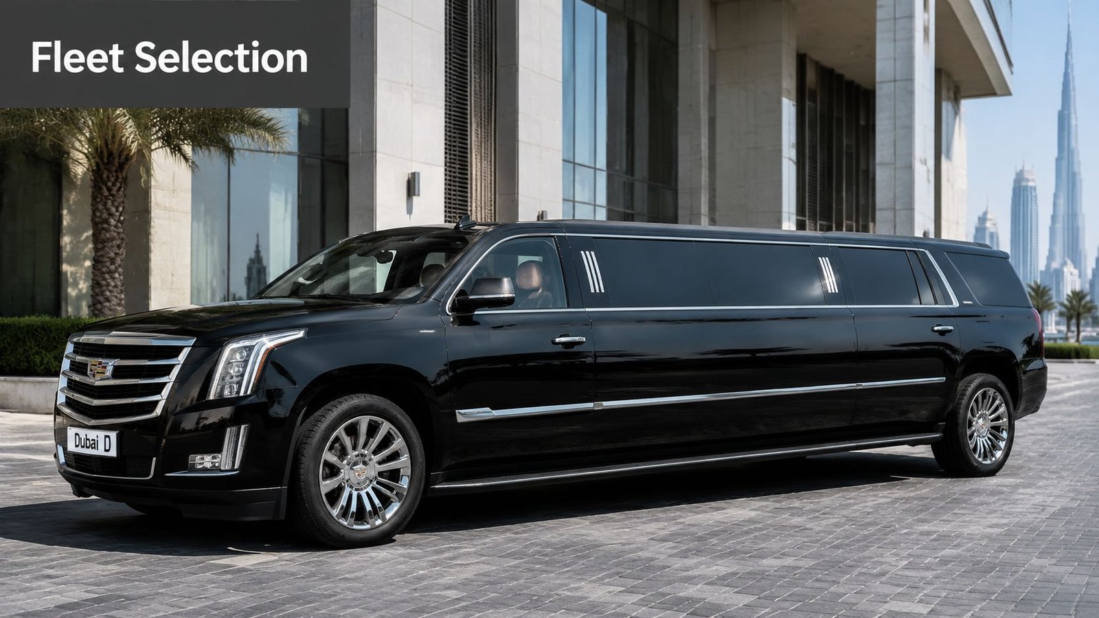 A black Cadillac limousine parked in front of a luxury building with the Burj Khalifa in background.