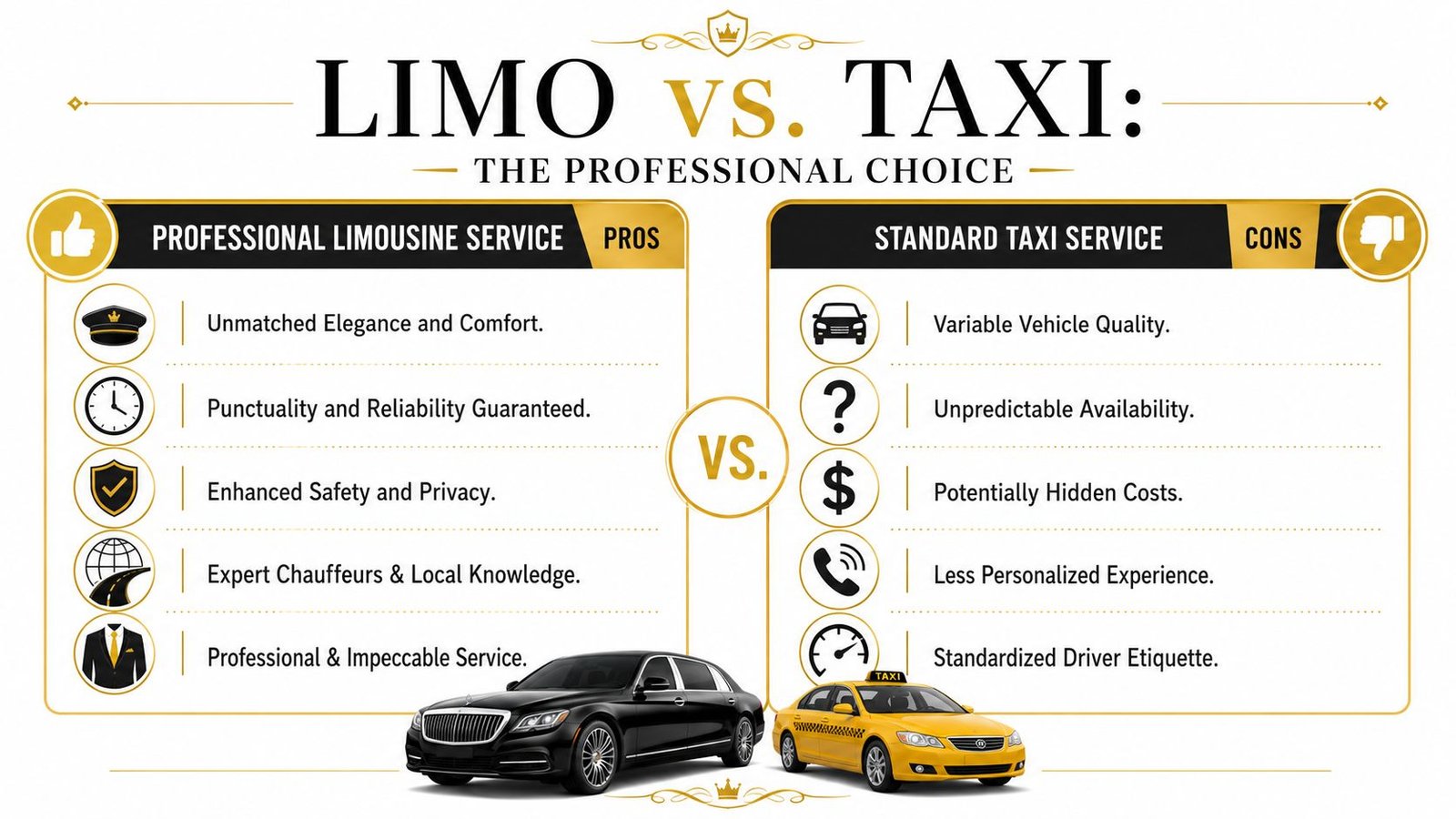 A comparison chart showing the benefits of professional limousine services versus the drawbacks of standard taxi services.