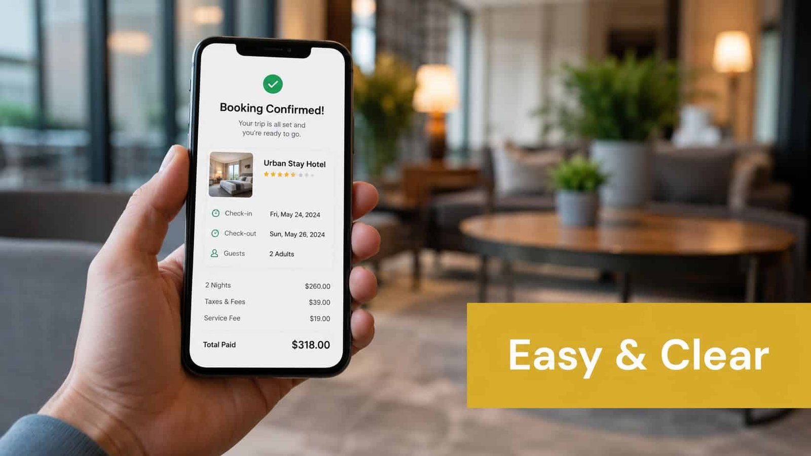 A hand holding a smartphone displaying a hotel booking confirmation screen for the Urban Stay Hotel.