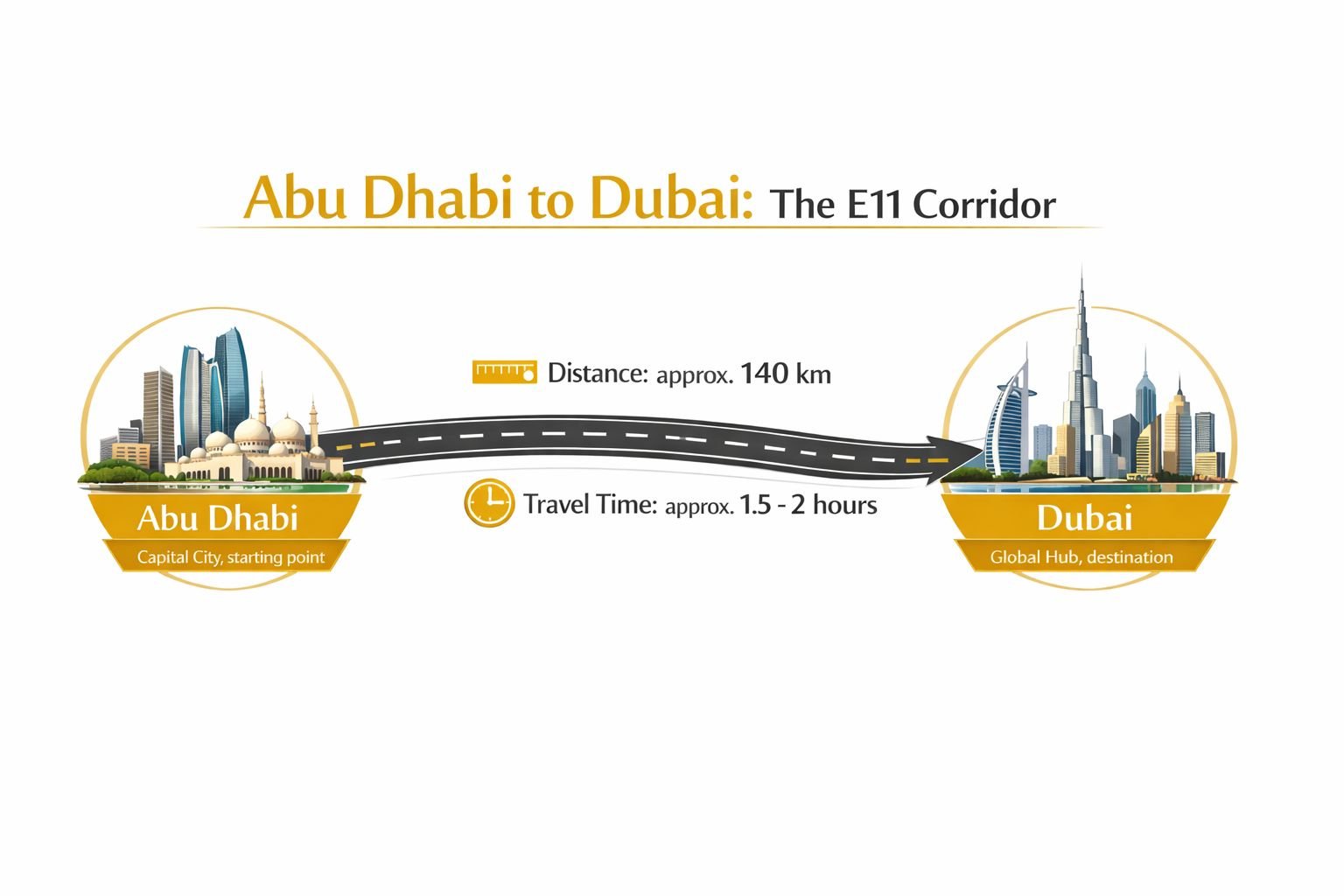 A travel graphic showing the E11 road route from Abu Dhabi to Dubai with distance and time.