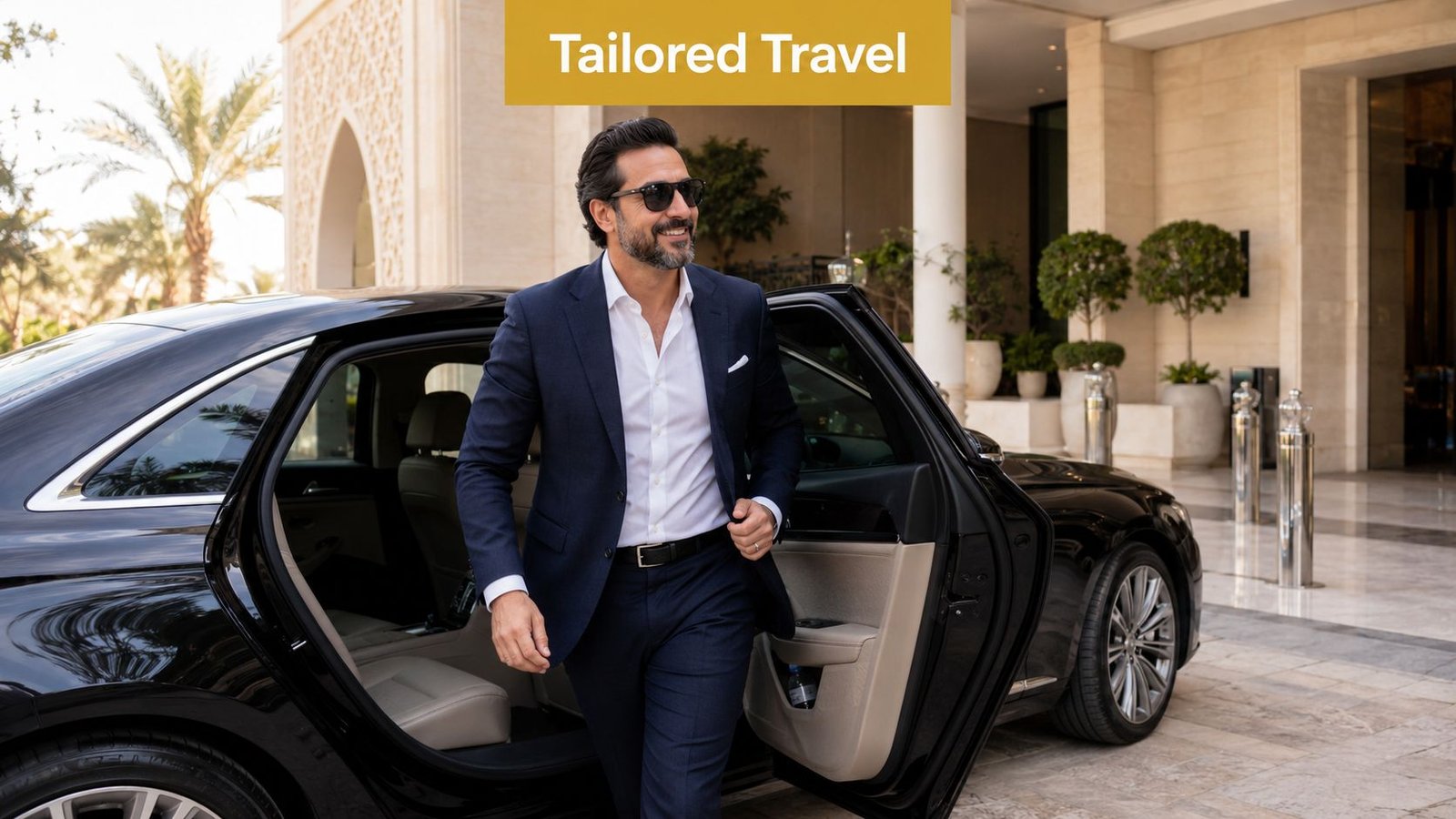 A professional man in a suit exiting a luxury black car at a high-end hotel entrance.