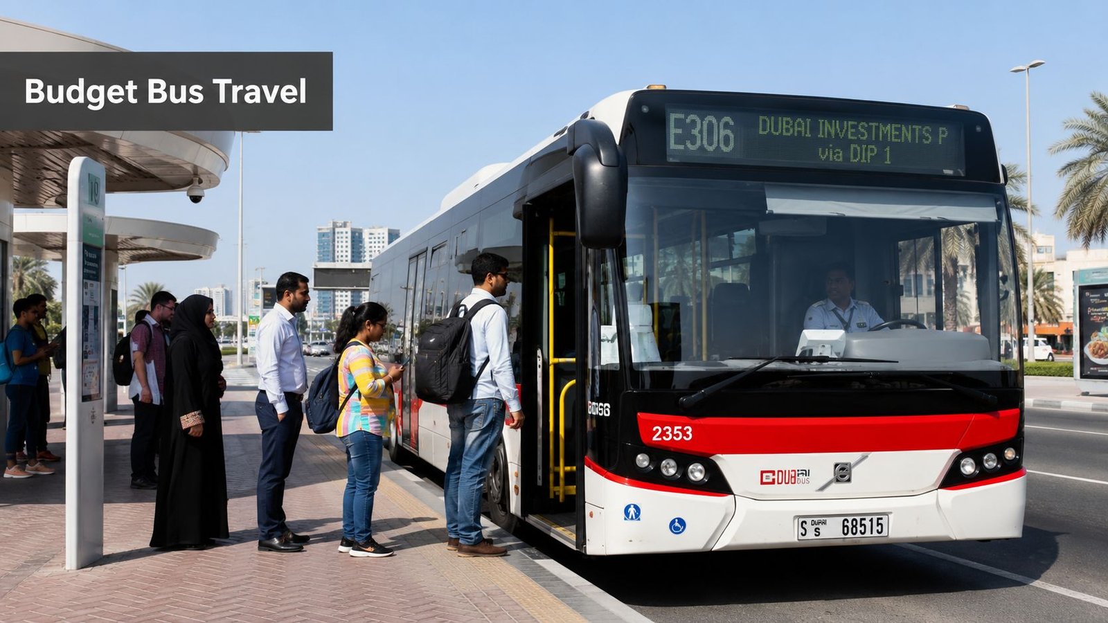 Passengers boarding a public Dubai bus at a bus stop during a sunny day in the city.
