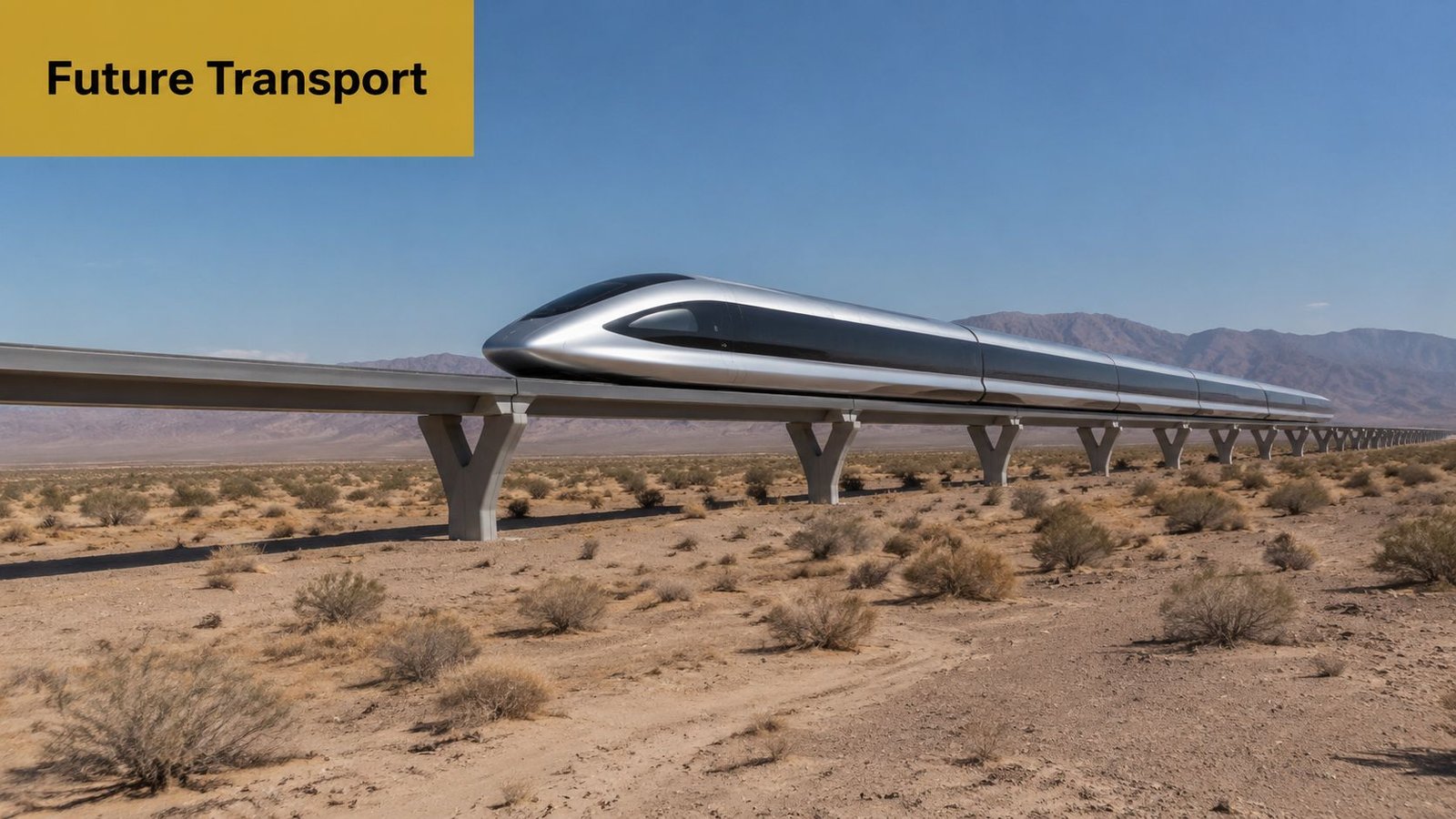 A futuristic high-speed levitating train traveling across a vast arid desert landscape under a clear blue sky.
