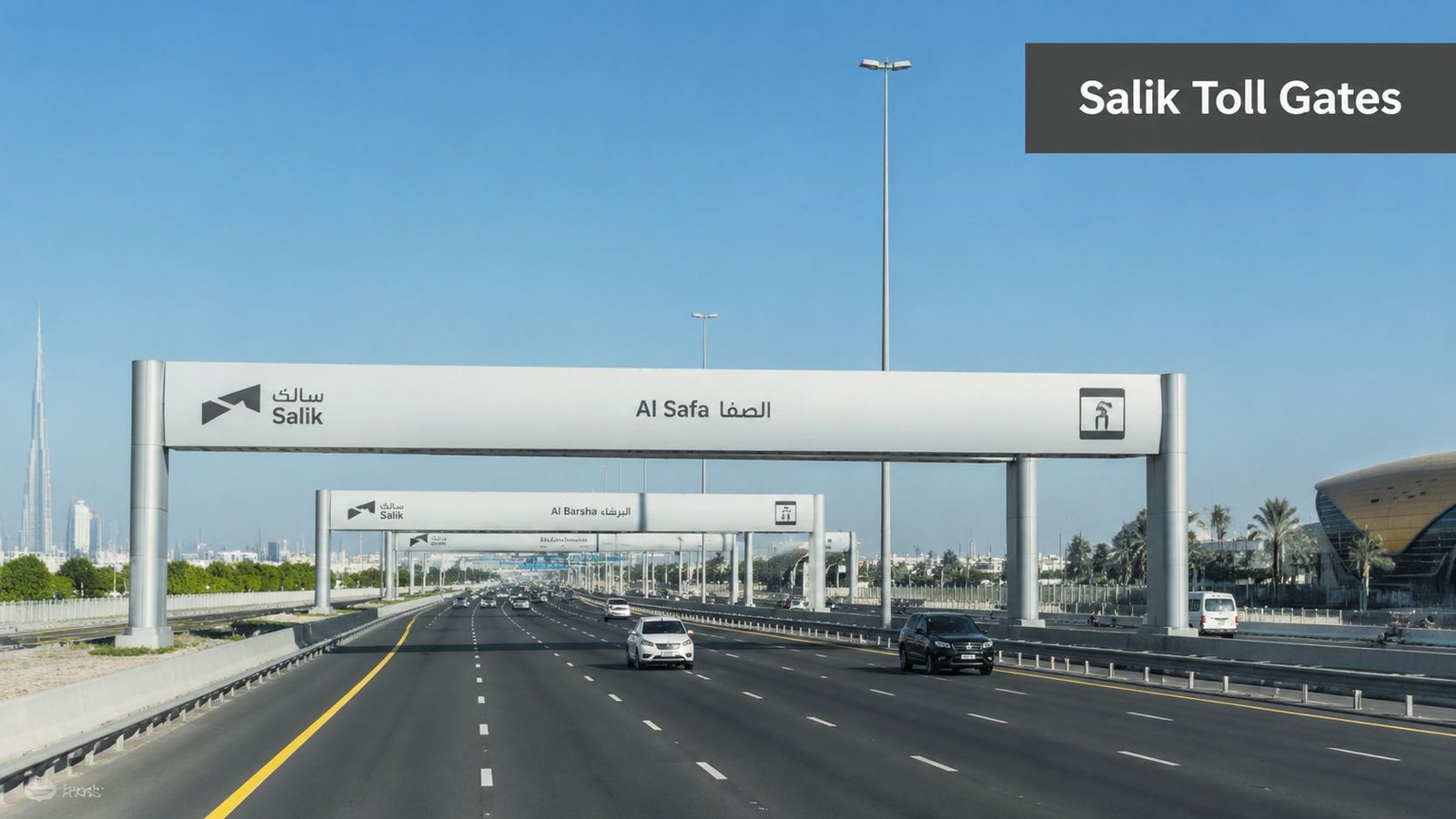 A view of the Salik toll gate system over a multi-lane highway in Dubai, United Arab Emirates.