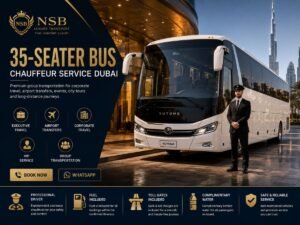 Luxury 35-seater bus with a professional chauffeur parked outside a premium Dubai hotel, providing group transportation, airport transfers, corporate travel, city tours, weddings, school trips, and VIP bus rental services by NSB Luxury Transport.