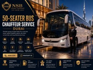 Luxury 50-seater coach bus with a professional chauffeur outside a premium Dubai hotel, offering airport transfers, corporate transportation, city tours, school trips, weddings, staff transport, and VIP group travel by NSB Luxury Transport.