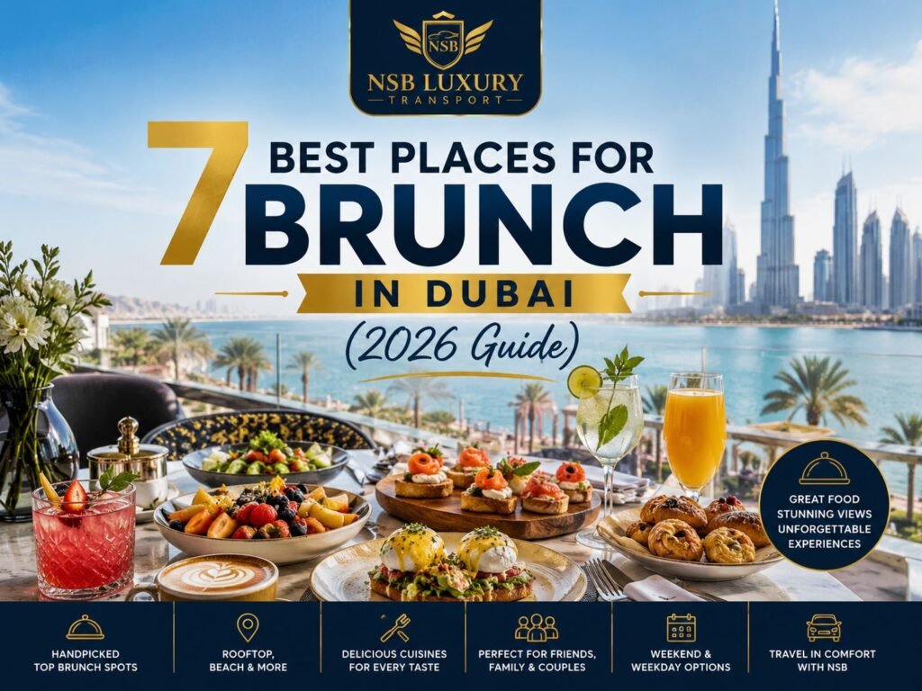 Luxury brunch at one of the best places for brunch in Dubai with gourmet food, waterfront views, and the Burj Khalifa skyline in the background