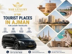Luxury tour of the best tourist places in Ajman featuring Ajman Museum, Ajman Corniche, pristine beaches, and a premium Mercedes-Benz V-Class chauffeur vehicle