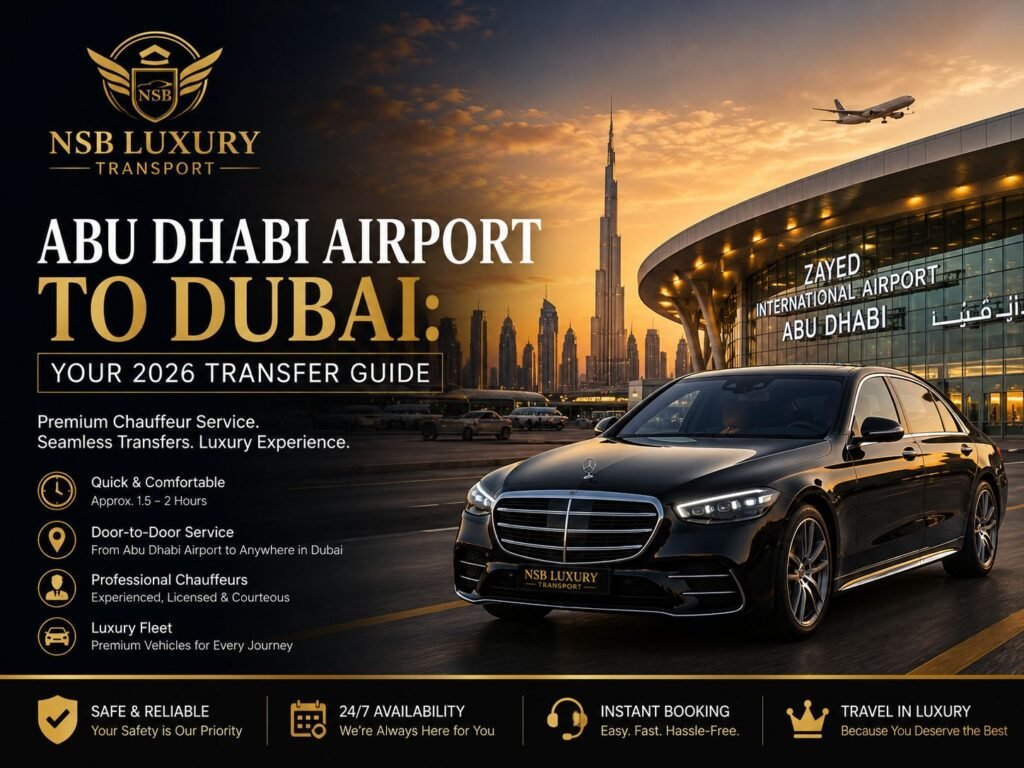 Travel from Zayed International Airport to Dubai in comfort with NSB Luxury Transport. Enjoy reliable chauffeur-driven airport transfers, premium vehicles, fixed pricing, and professional service for a smooth journey in 2026.