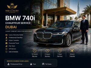 Black BMW 740i luxury sedan with a professional chauffeur outside a premium hotel in Dubai, offering executive airport transfers, corporate travel, VIP transportation, and private chauffeur services by NSB Luxury Transport.