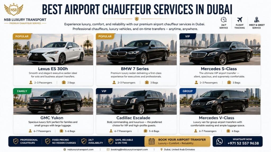Choose the best airport chauffeur services in Dubai with NSB Luxury Transport. Our premium fleet includes the Lexus ES 300h, BMW 7 Series, Mercedes-Benz S-Class, GMC Yukon, Cadillac Escalade, and Mercedes V-Class for luxury airport transfers, executive travel, family transportation, and VIP airport pickup across the UAE.