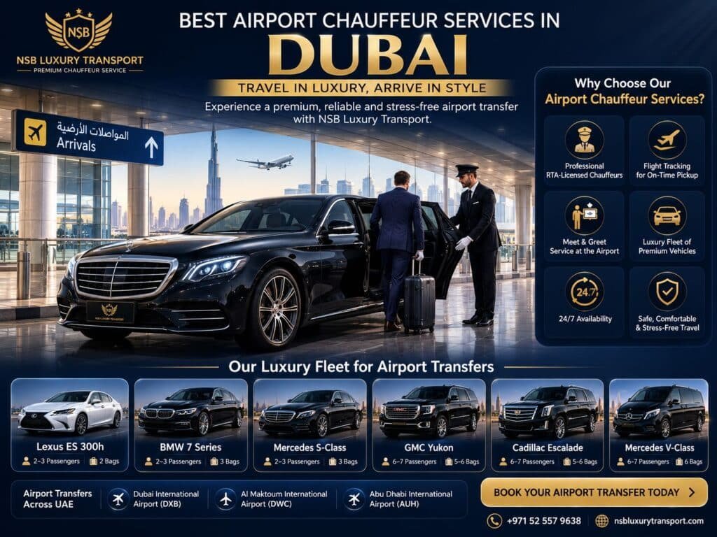 This infographic highlights the benefits of the best airport chauffeur services in Dubai, including professional RTA-licensed chauffeurs, luxury vehicles, flight tracking, meet-and-greet assistance, 24/7 availability, and airport transfers from DXB, DWC, and Abu Dhabi International Airport with NSB Luxury Transport.