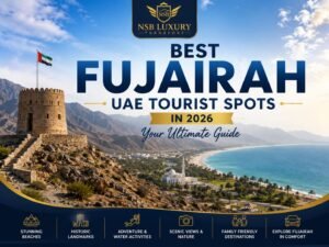 Scenic view of the best Fujairah UAE Tourist Spots featuring Fujairah Fort, mountains, coastline, and top attractions for visitors in 2026