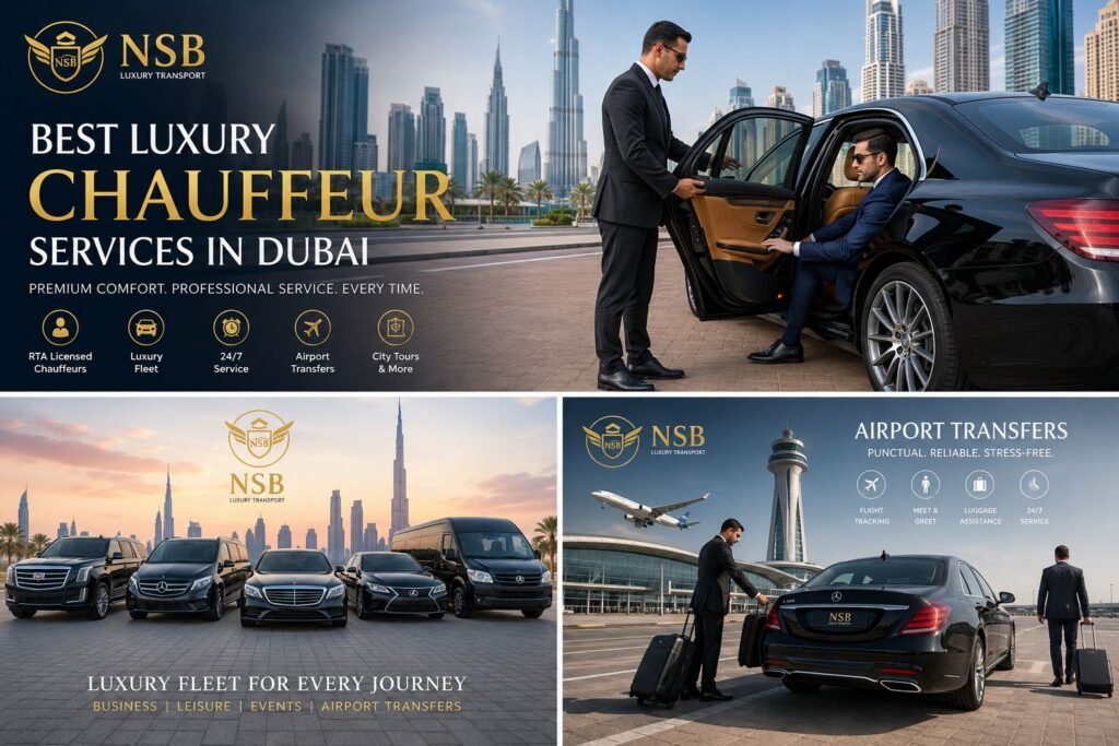Luxury chauffeur service infographic featuring premium airport transfers, executive chauffeur services, luxury fleet, and professional drivers in Dubai by NSB Luxury Transport.