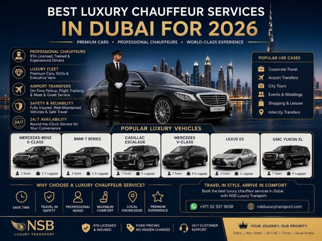 Infographic showing the best luxury chauffeur services in Dubai for 2026, featuring Mercedes-Benz S-Class, BMW 7 Series, Cadillac Escalade, Mercedes V-Class, Lexus ES, GMC Yukon XL, and premium chauffeur service benefits.
